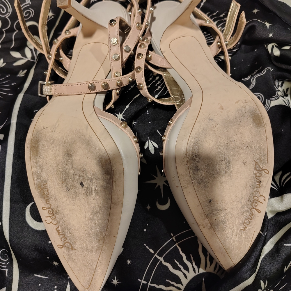 Sam Edelman White and Blush Studded T-Strap Pointed Toe Heels - Picture 3 of 4